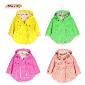 2016 New Spring Autumn Hooded Kids Jackets Long Sleeve Polka Dot Print Fashion Girls Windbreaker Coat Casual Waist Girls Jackets