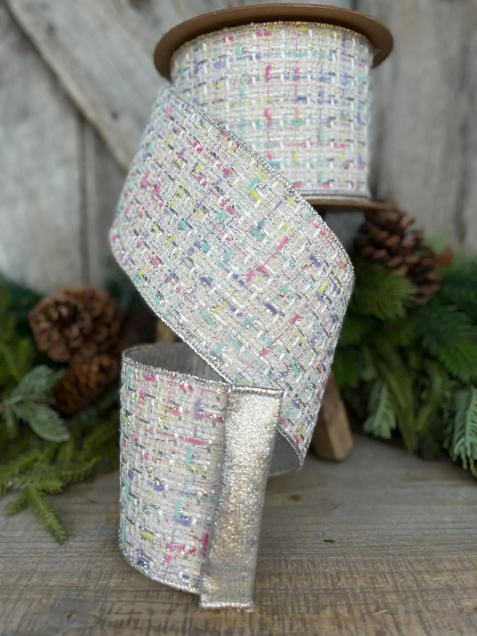 4" White Tweed Ribbon, Pastel Christmas Ribbon