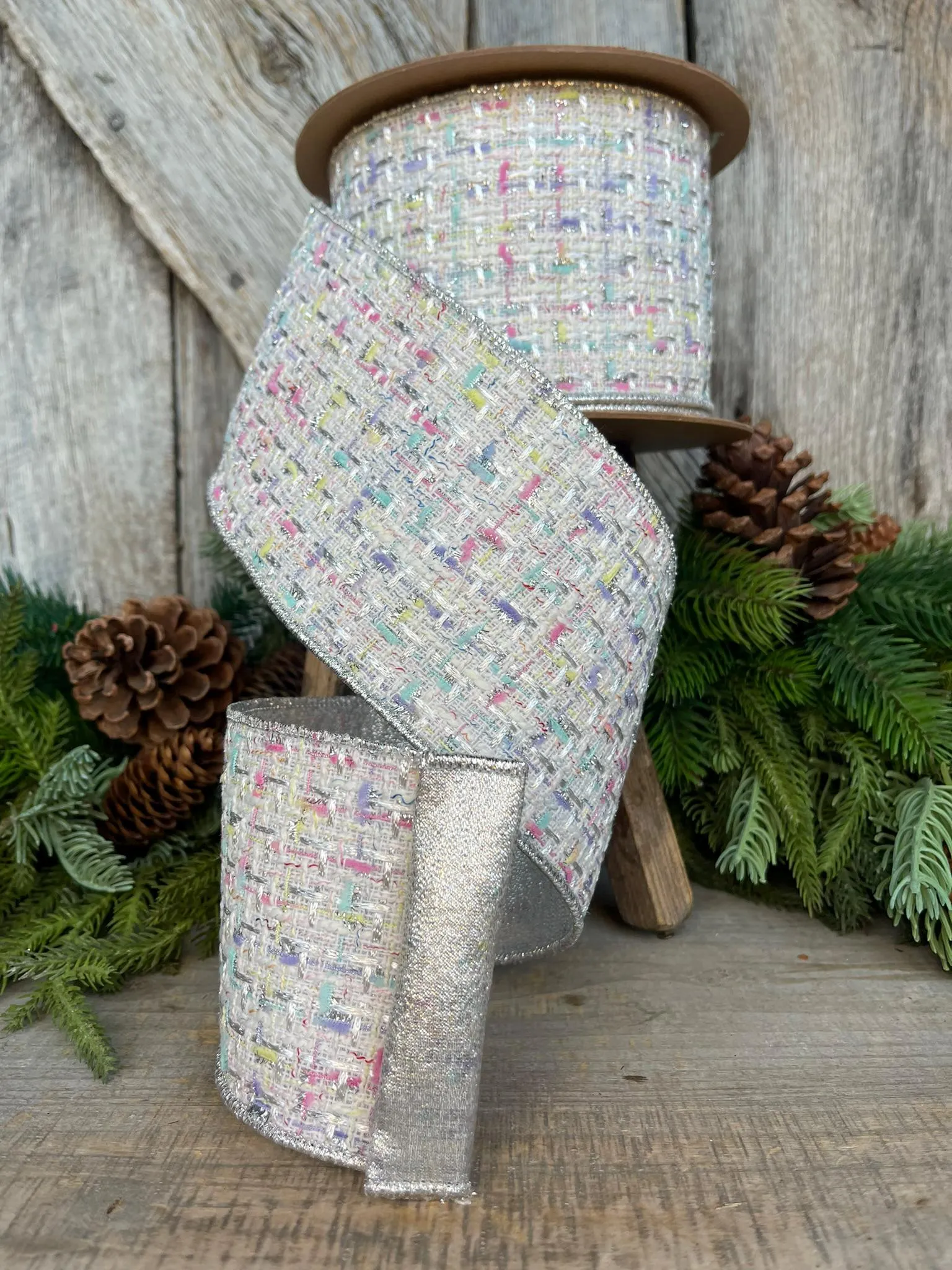 4" White Tweed Ribbon, Pastel Christmas Ribbon