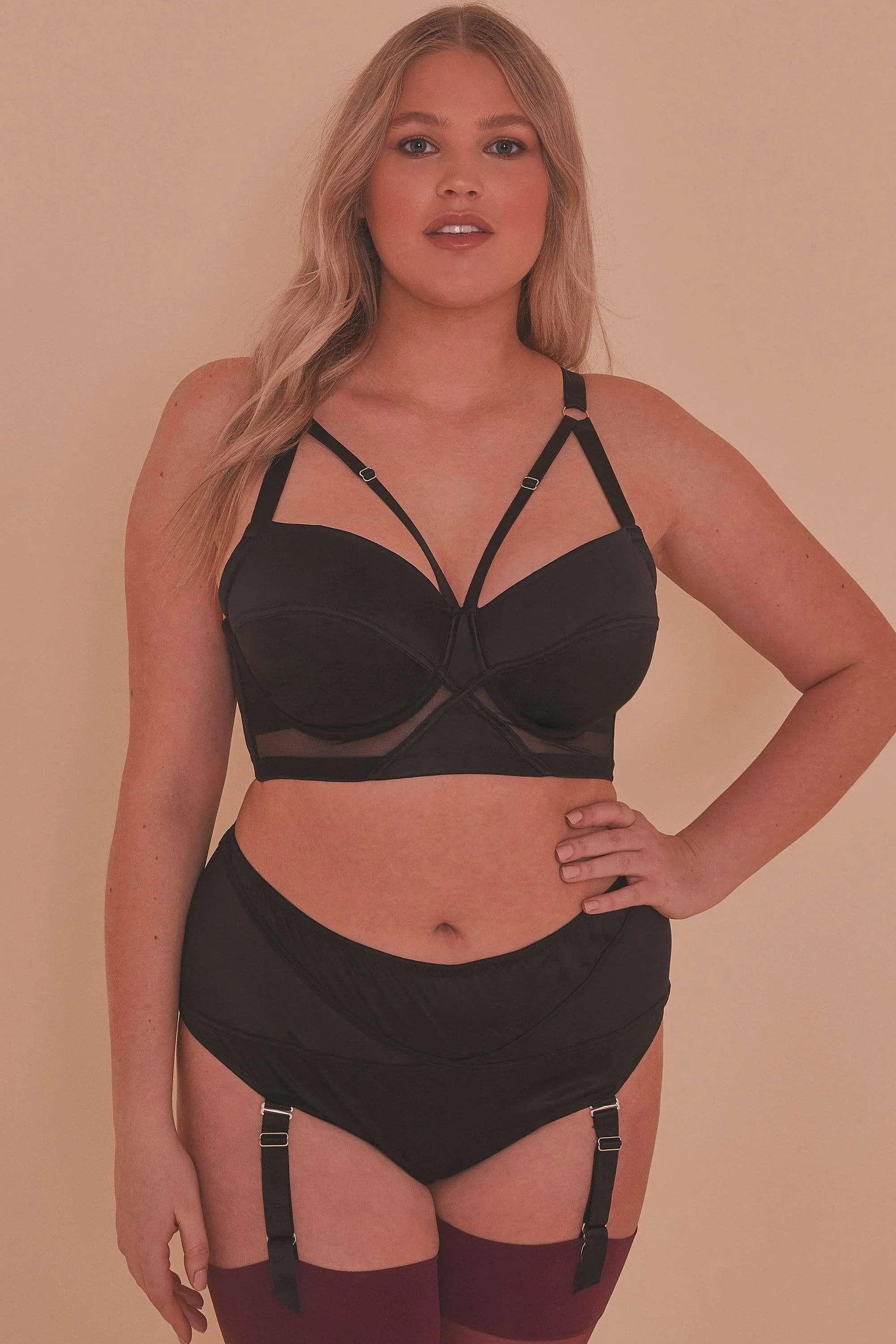 Aurora Black Mesh & Satin Crossover Longline Bra Core