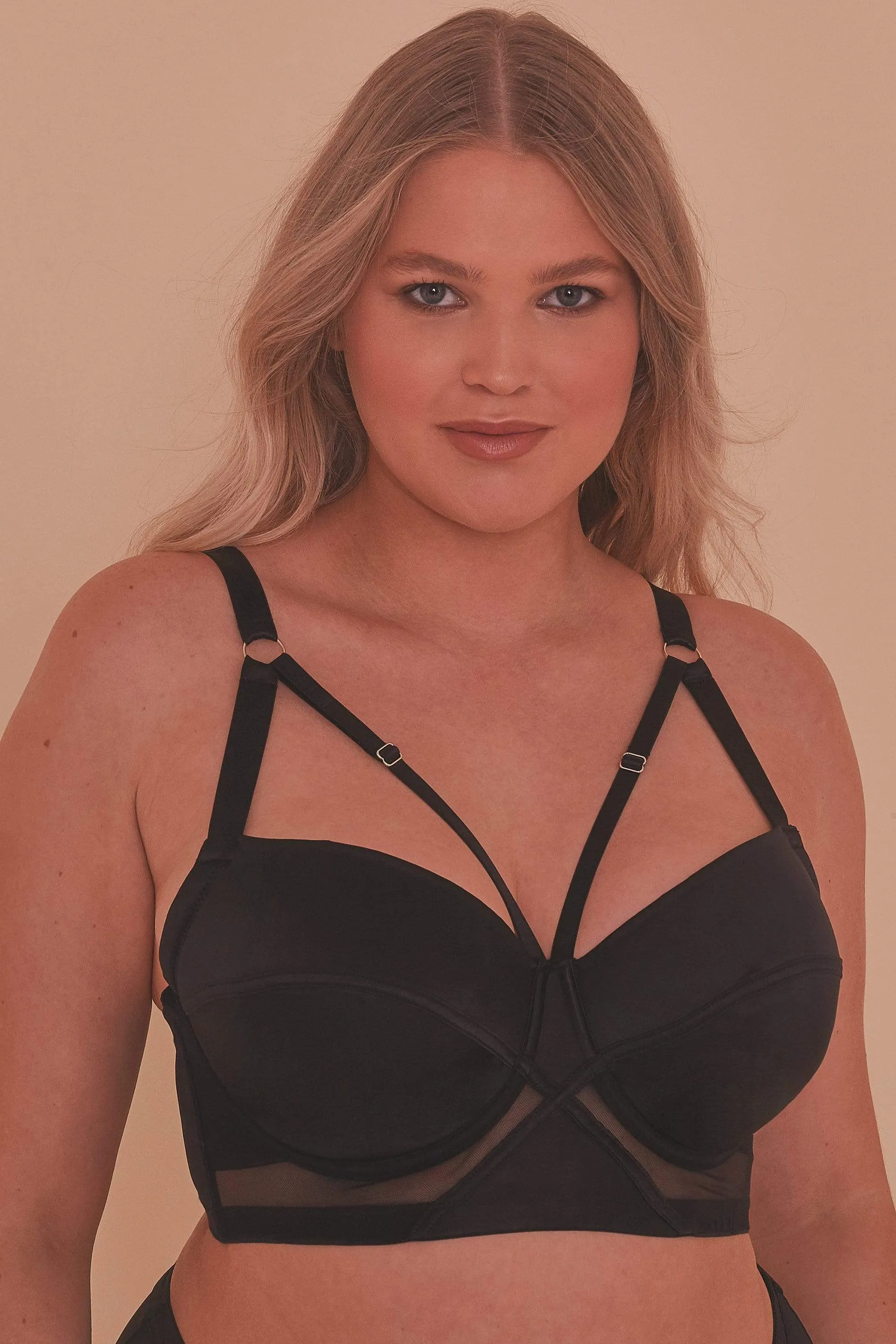 Aurora Black Mesh & Satin Crossover Longline Bra Core