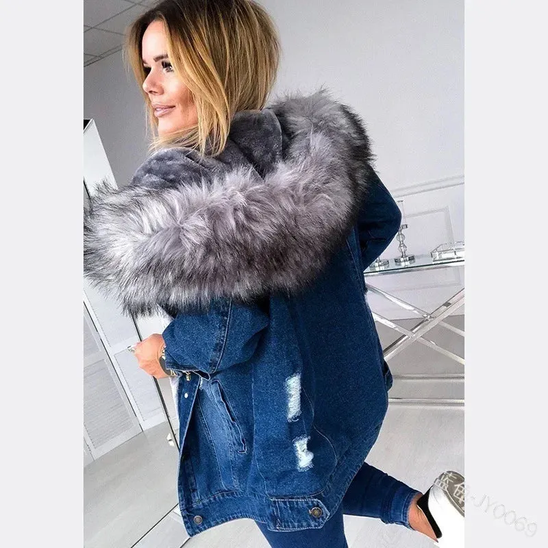 Autumn Fashion Retro Big Fur Collar Distressed Temperament Stitching Jackets