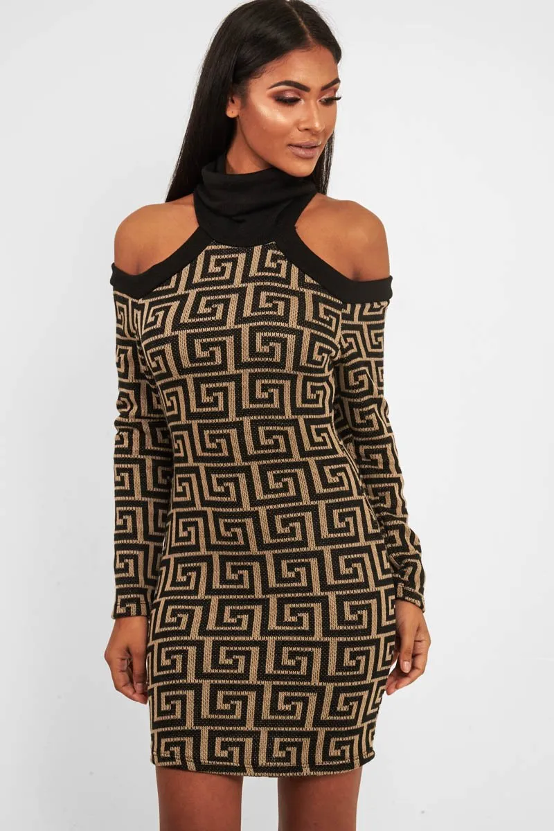 Beige Black Repeat Pattern Cold Shoulder Dress - Donya