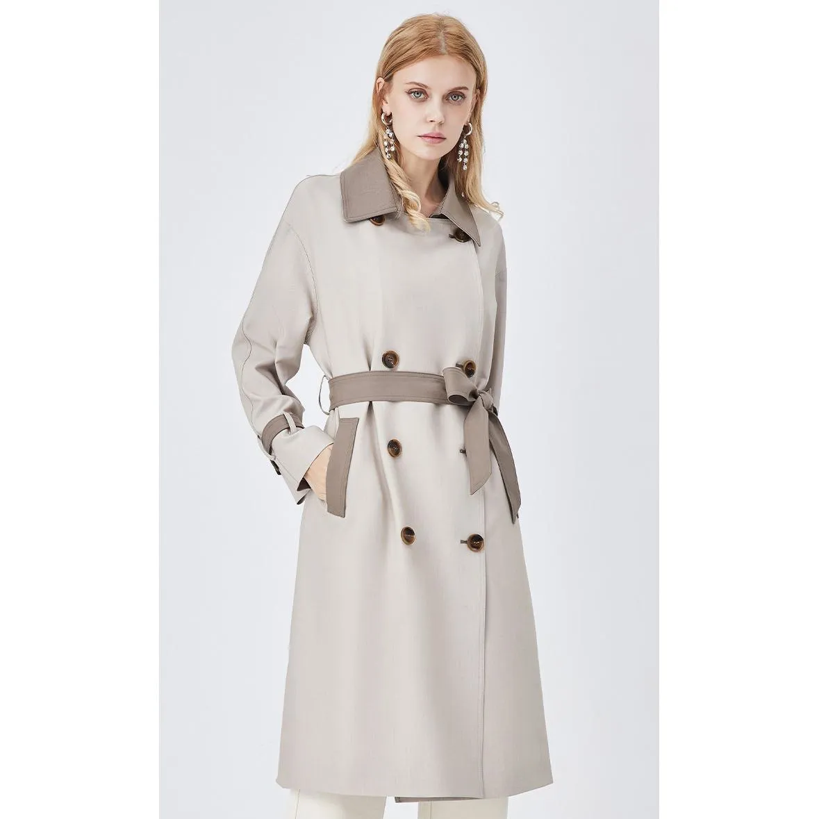 Belted Color Clash Knee-Length Trench Coat