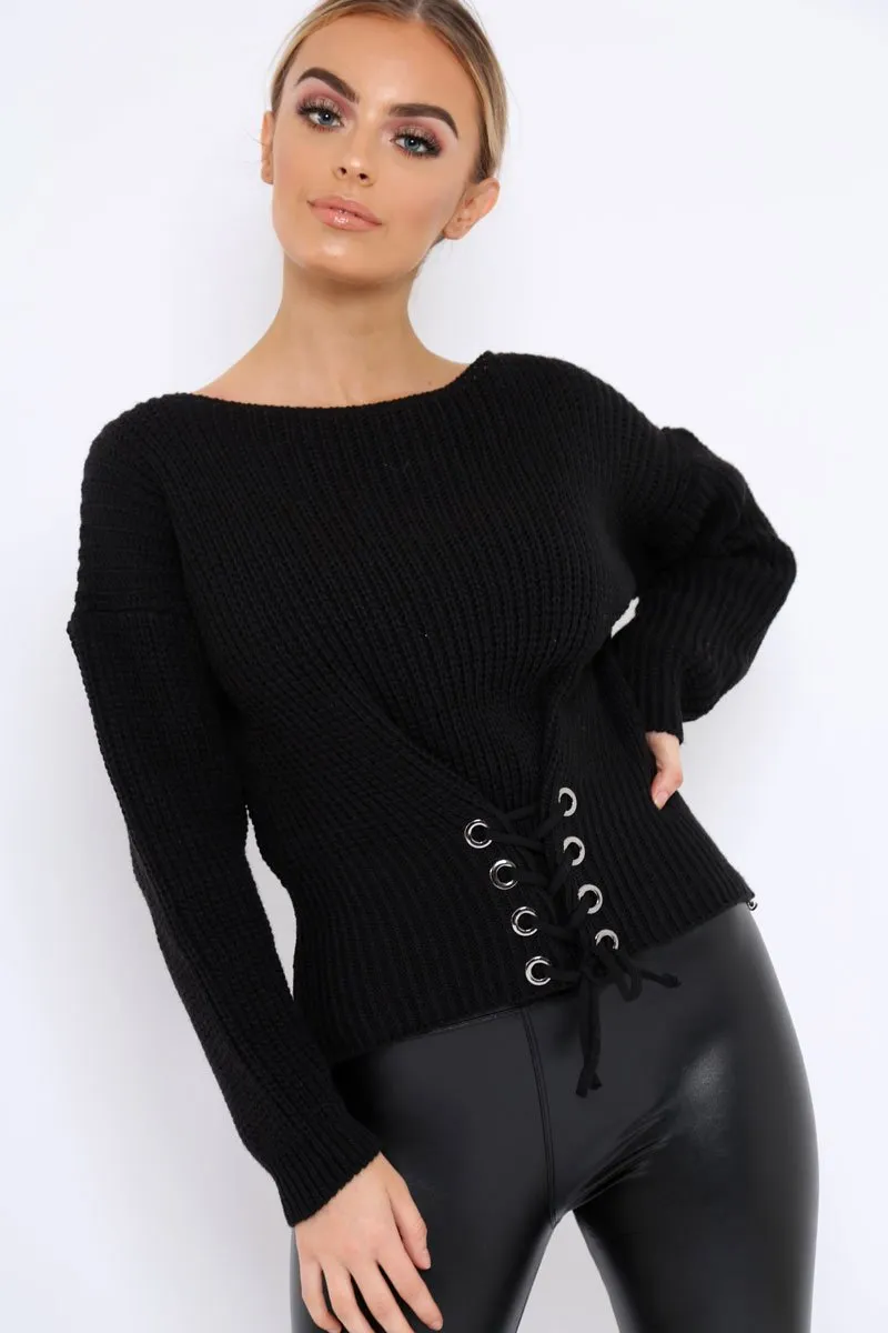 Black Chunky Knit Corset Waist Knitted Jumper - Mikayla