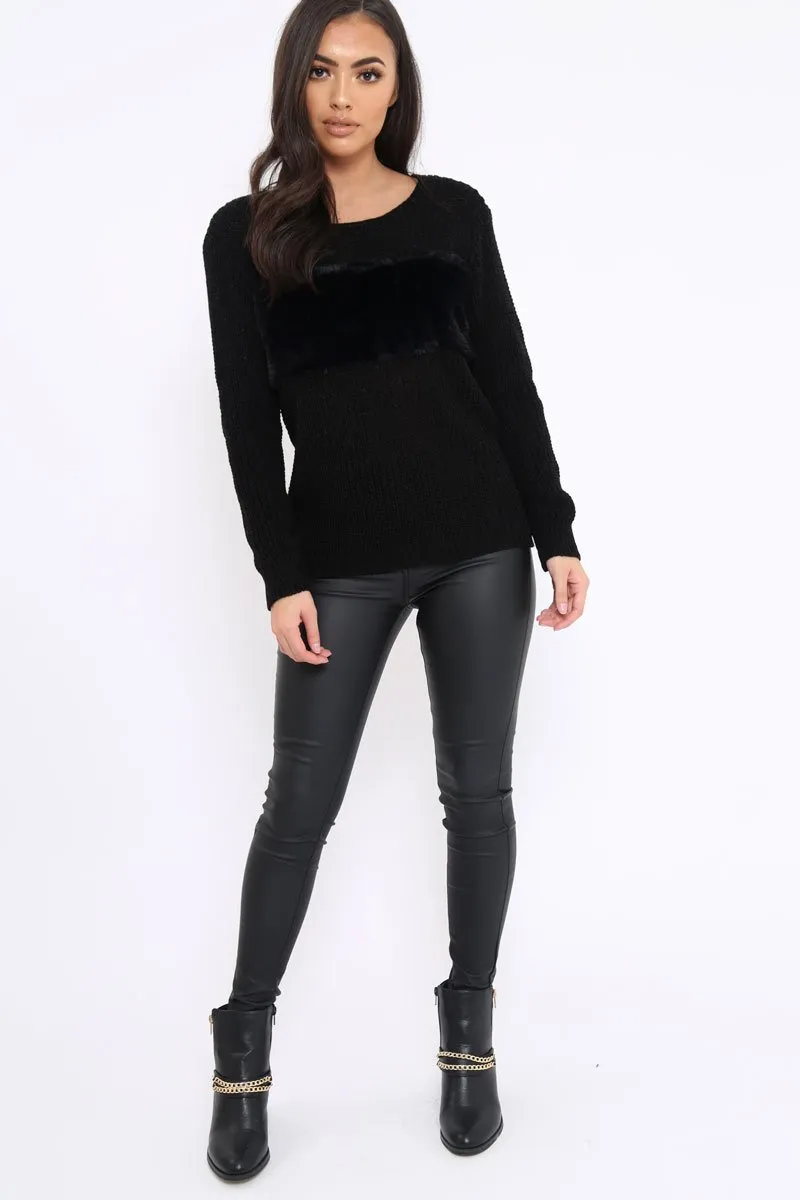 Black Chunky Knit Faux Fur Front Panel Jumper - Ophelia