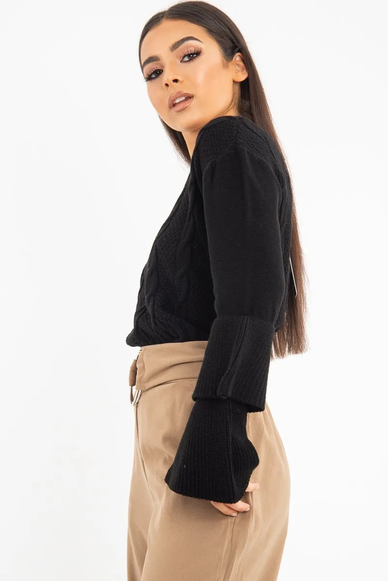 Black Chunky Knit Sleeve Detail Jumper - Lillienne