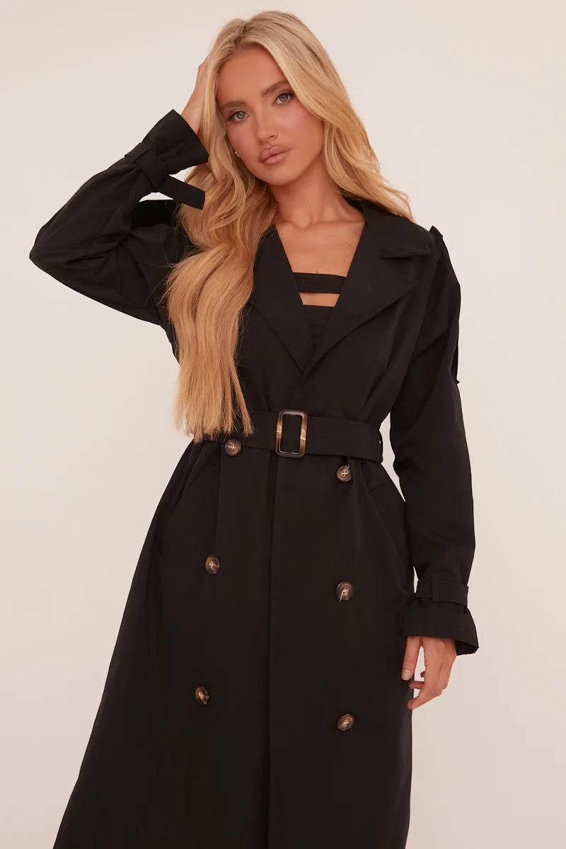 Black Longline Belt Detail Button Front Trench Coat - Melony