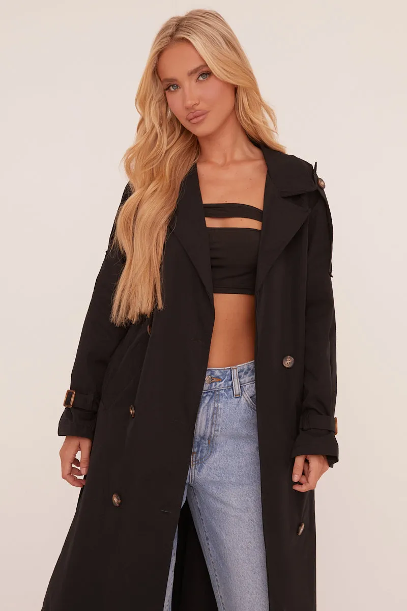 Black Longline Belt Detail Button Front Trench Coat - Melony