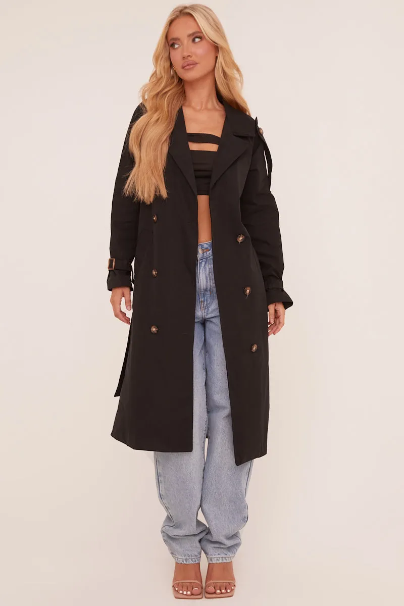 Black Longline Belt Detail Button Front Trench Coat - Melony