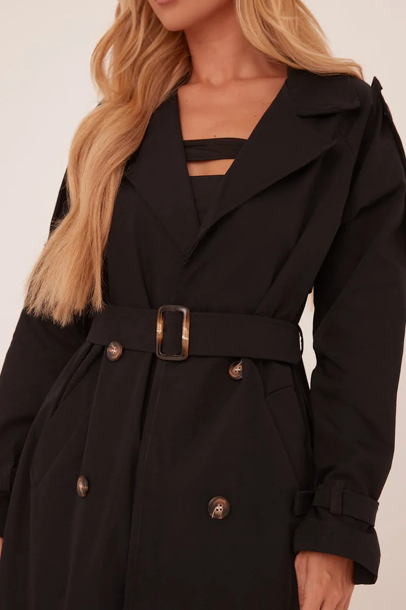 Black Longline Belt Detail Button Front Trench Coat - Melony