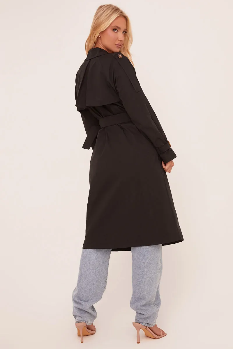 Black Longline Belt Detail Button Front Trench Coat - Melony