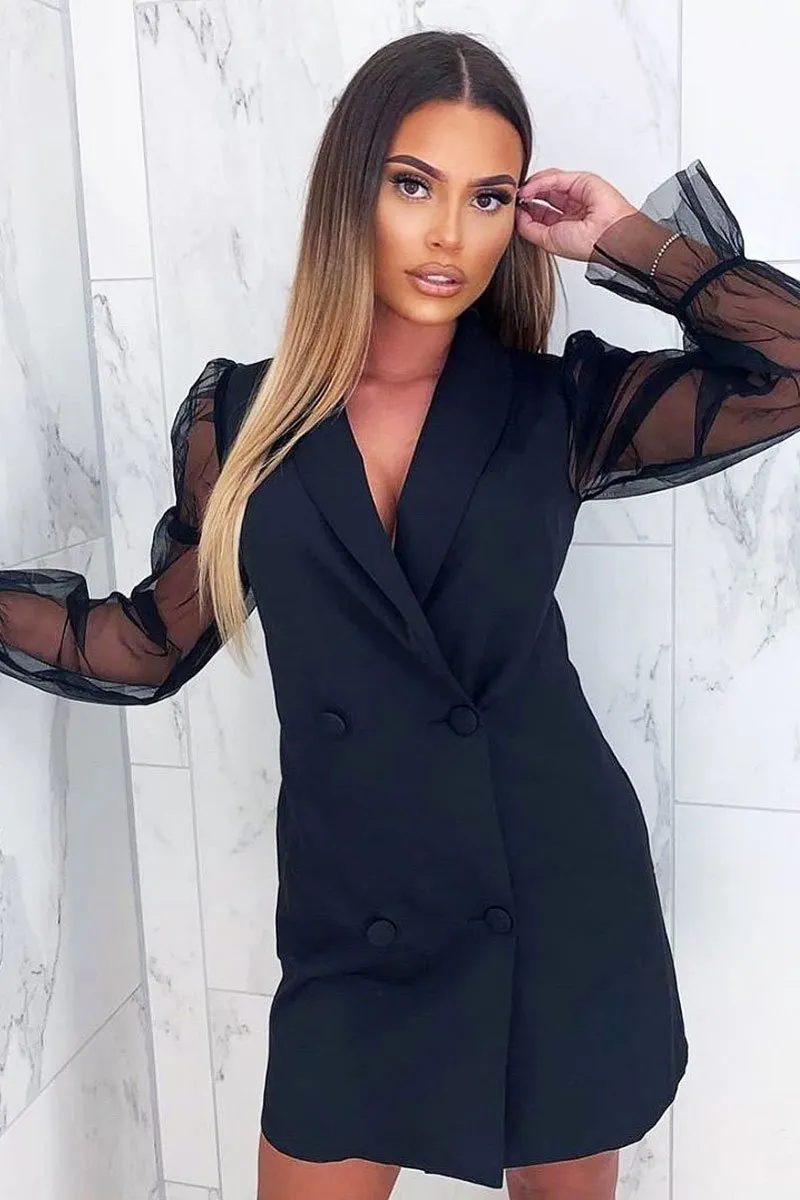 Black Mesh Sleeve Double Breasted Blazer Dress - Arabela