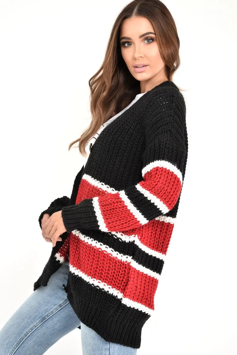 Black Red Colour Block Chunky Knit Cardigan - Brionna