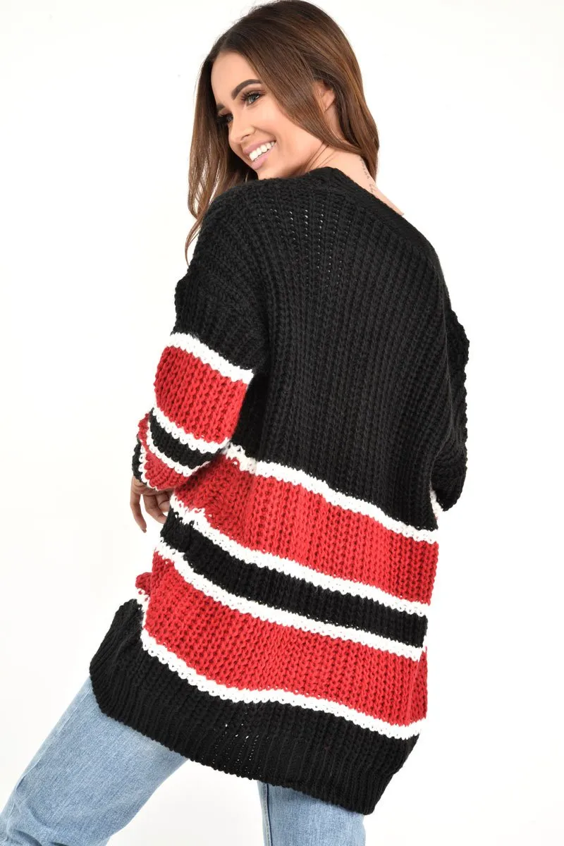 Black Red Colour Block Chunky Knit Cardigan - Brionna