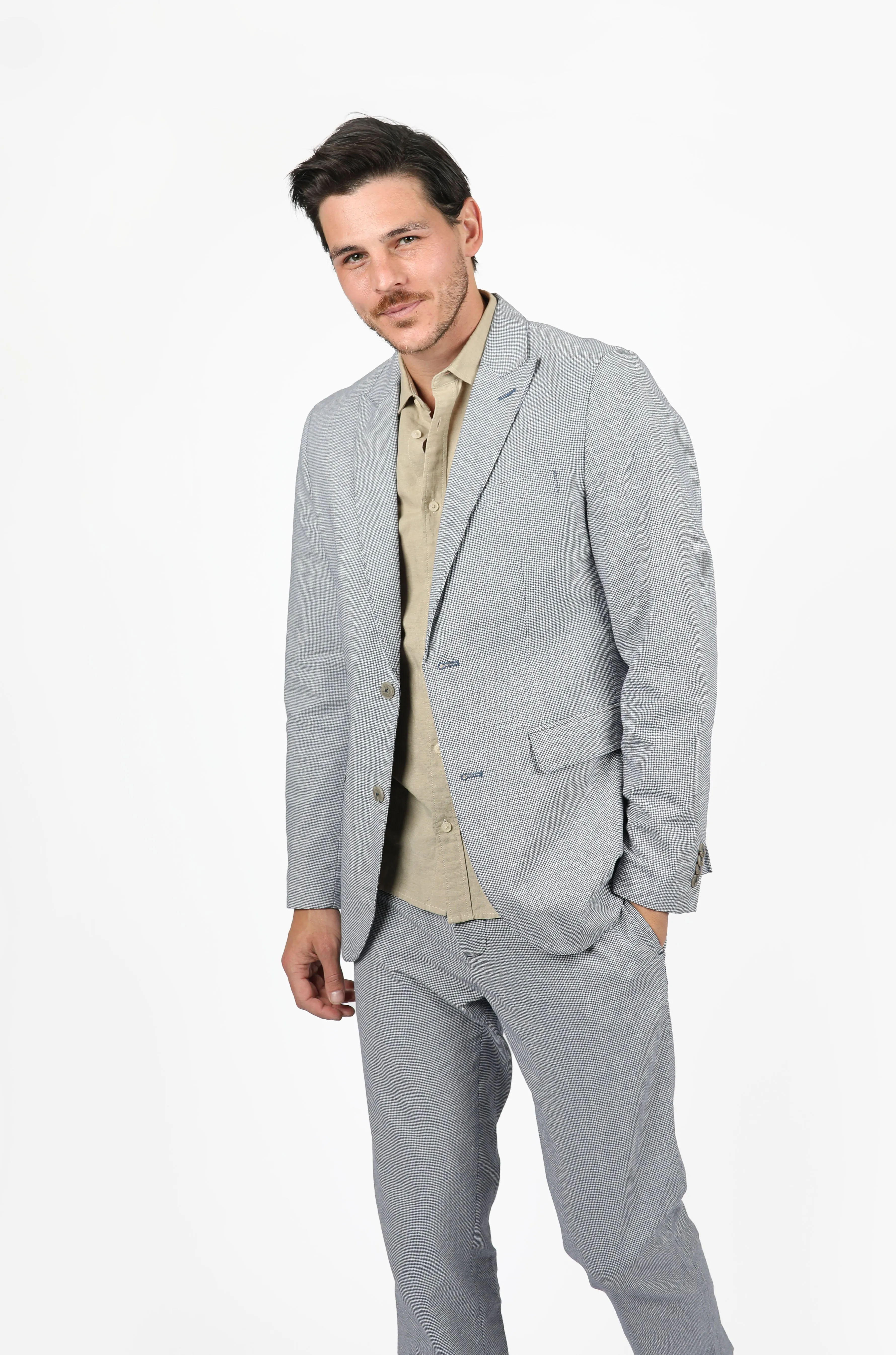 Blue Linen Peak Lapel Houndstooth Blazer