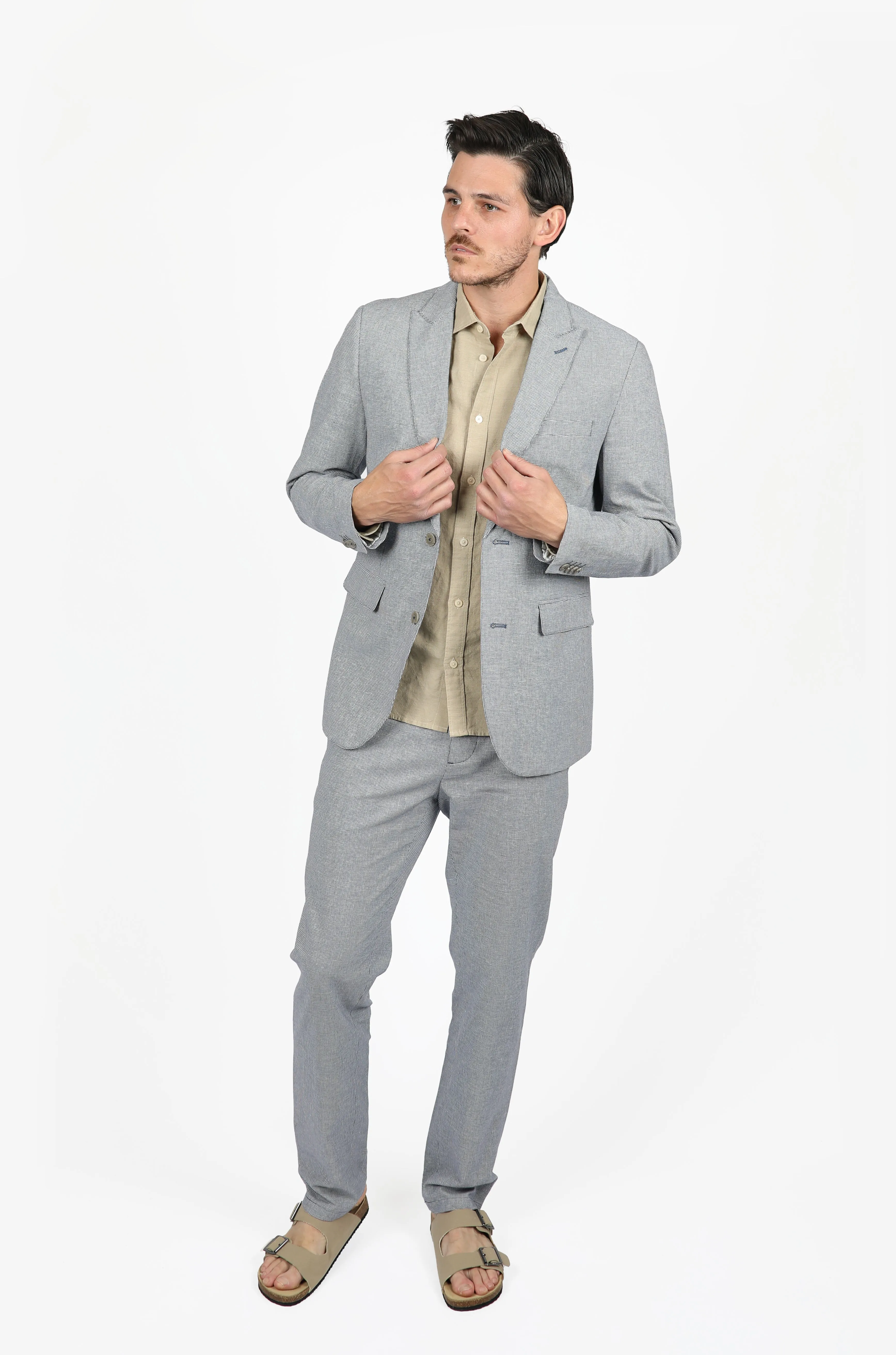 Blue Linen Peak Lapel Houndstooth Blazer