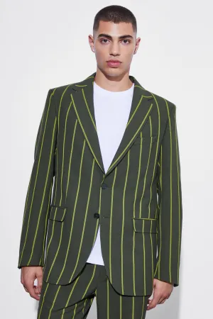 Boohoo Medium Single Breasted Wide Stripe Suit Jacket Green