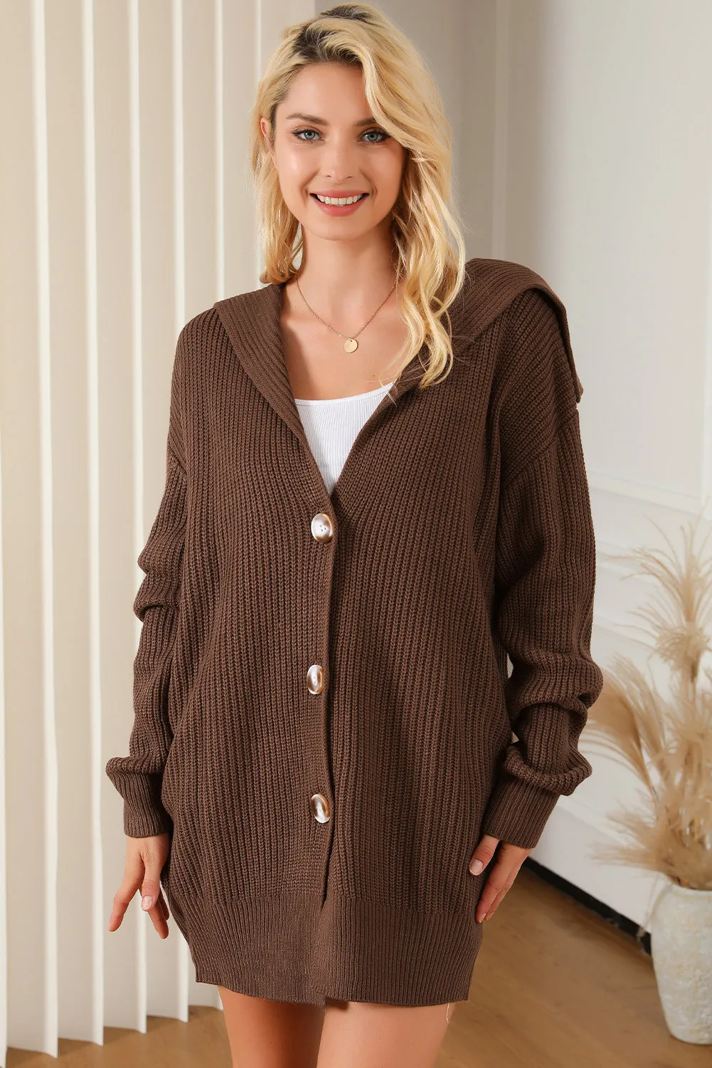 Brown Chunky Knit Lapel Collar Button up Cardigan