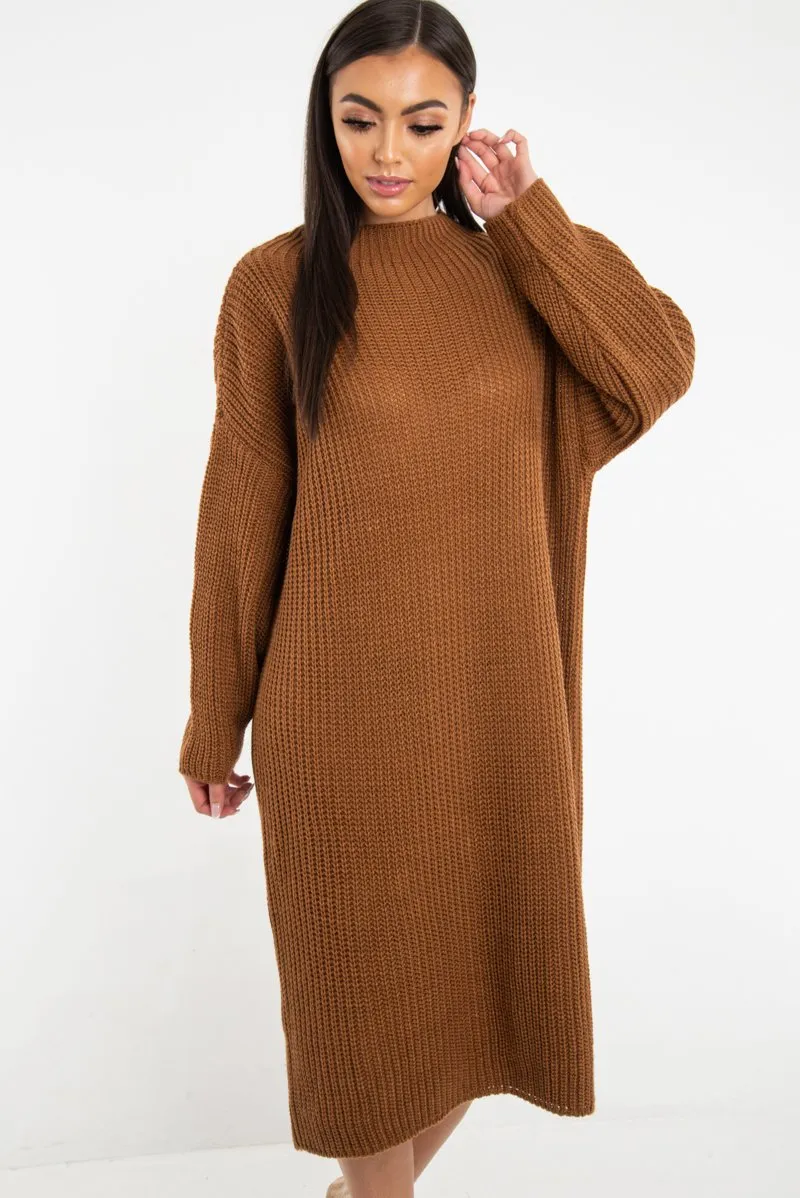 Brown Chunky Knit Slash Neck Jumper Dress - Hessie