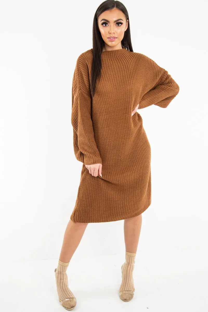 Brown Chunky Knit Slash Neck Jumper Dress - Hessie