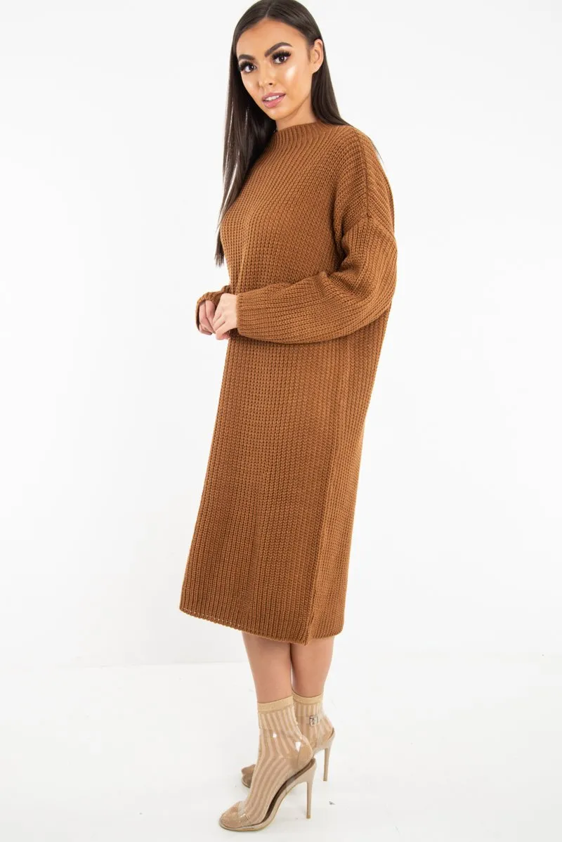 Brown Chunky Knit Slash Neck Jumper Dress - Hessie