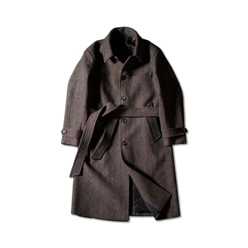 Brown Herringbone Tweed Balmacaan Coat