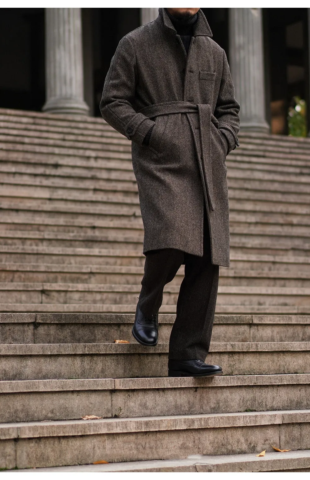 Brown Herringbone Tweed Balmacaan Coat