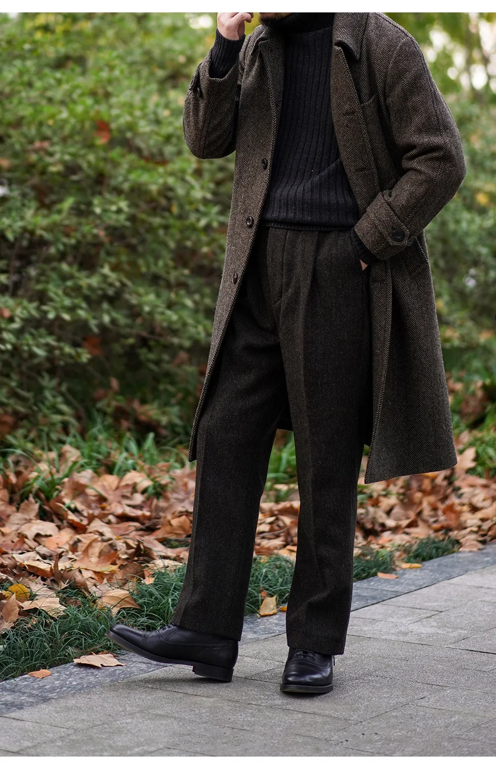 Brown Herringbone Tweed Balmacaan Coat