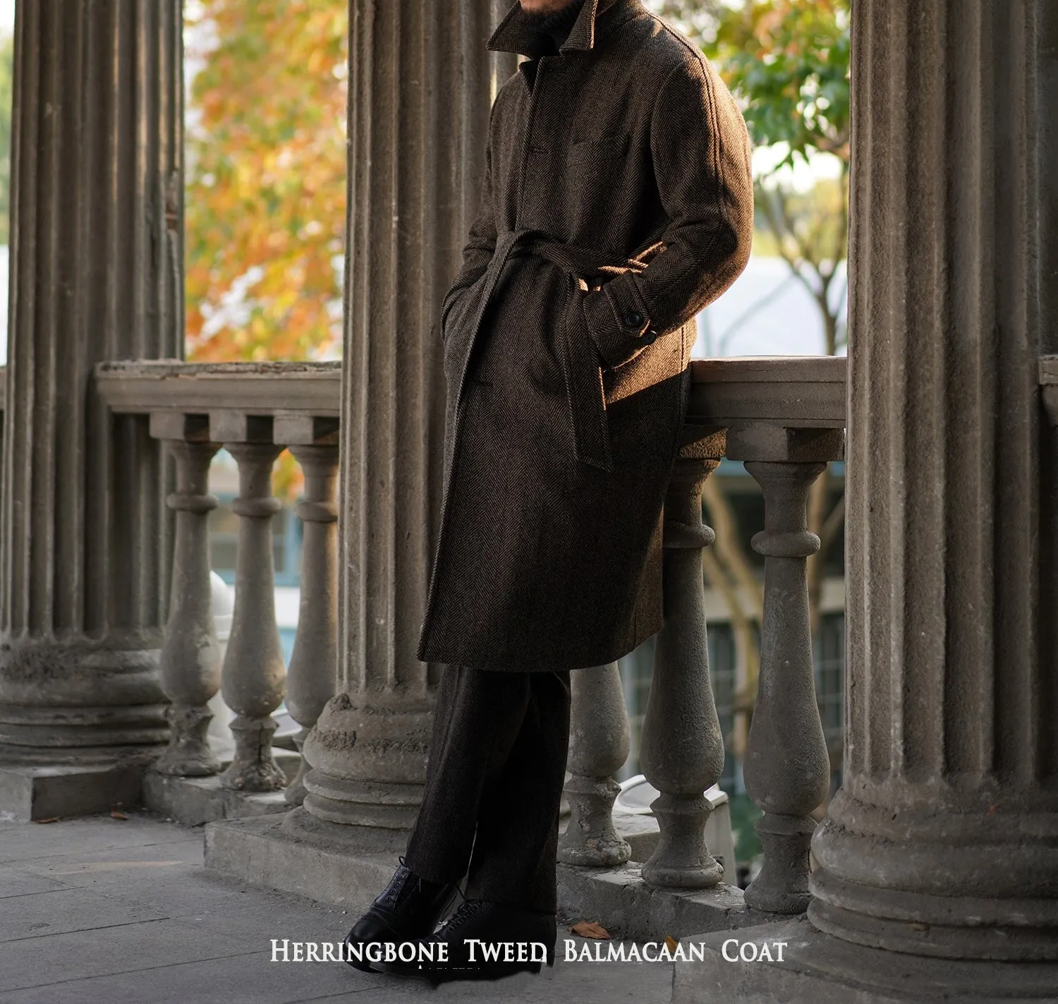 Brown Herringbone Tweed Balmacaan Coat