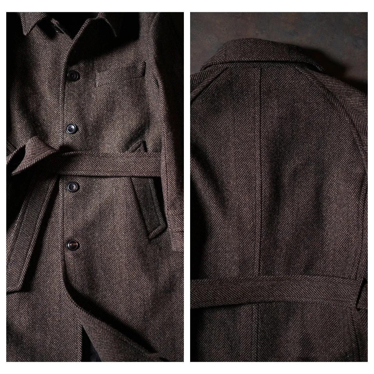 Brown Herringbone Tweed Balmacaan Coat