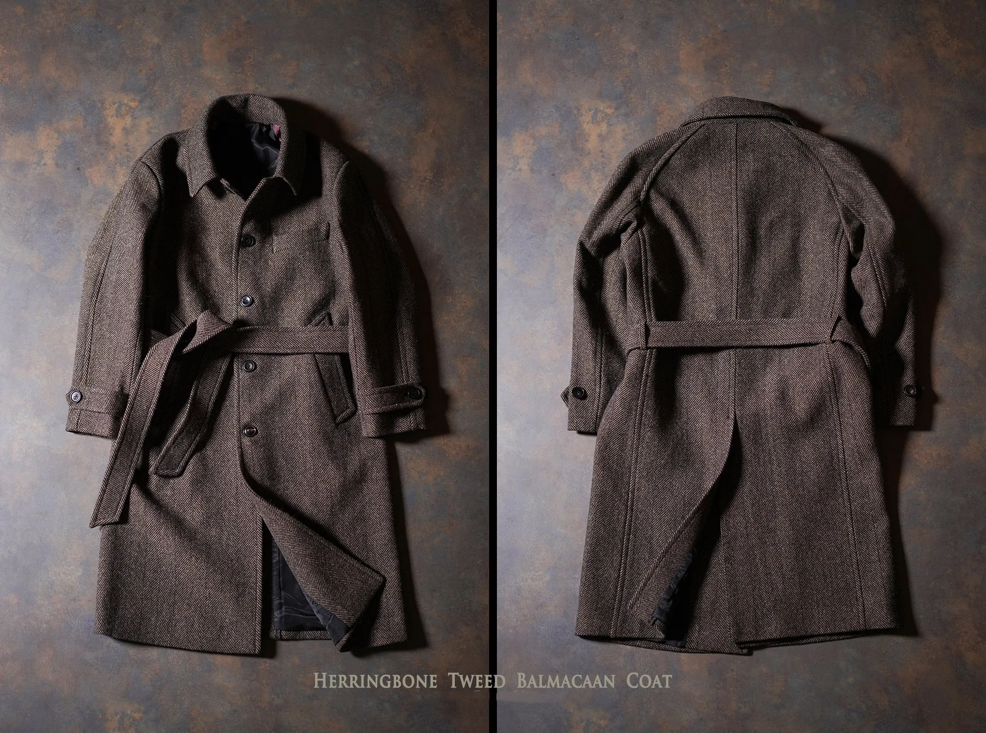 Brown Herringbone Tweed Balmacaan Coat