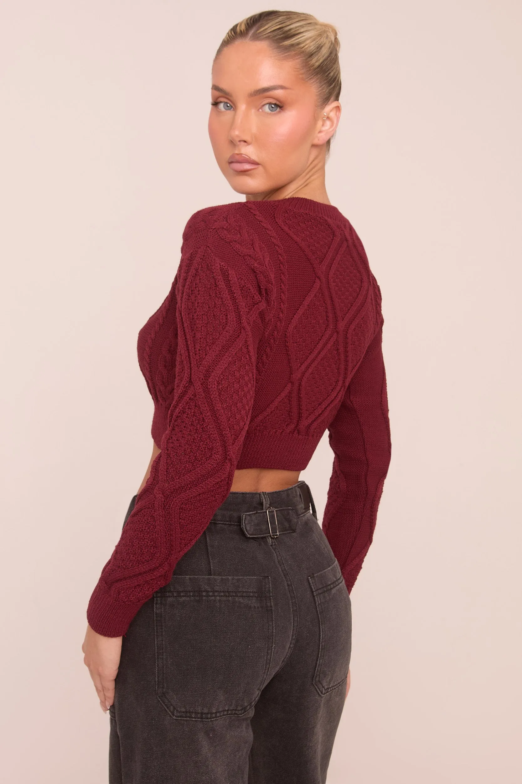 Burgundy Cable Chunky Long Sleeves Cropped Jumper - Justyna