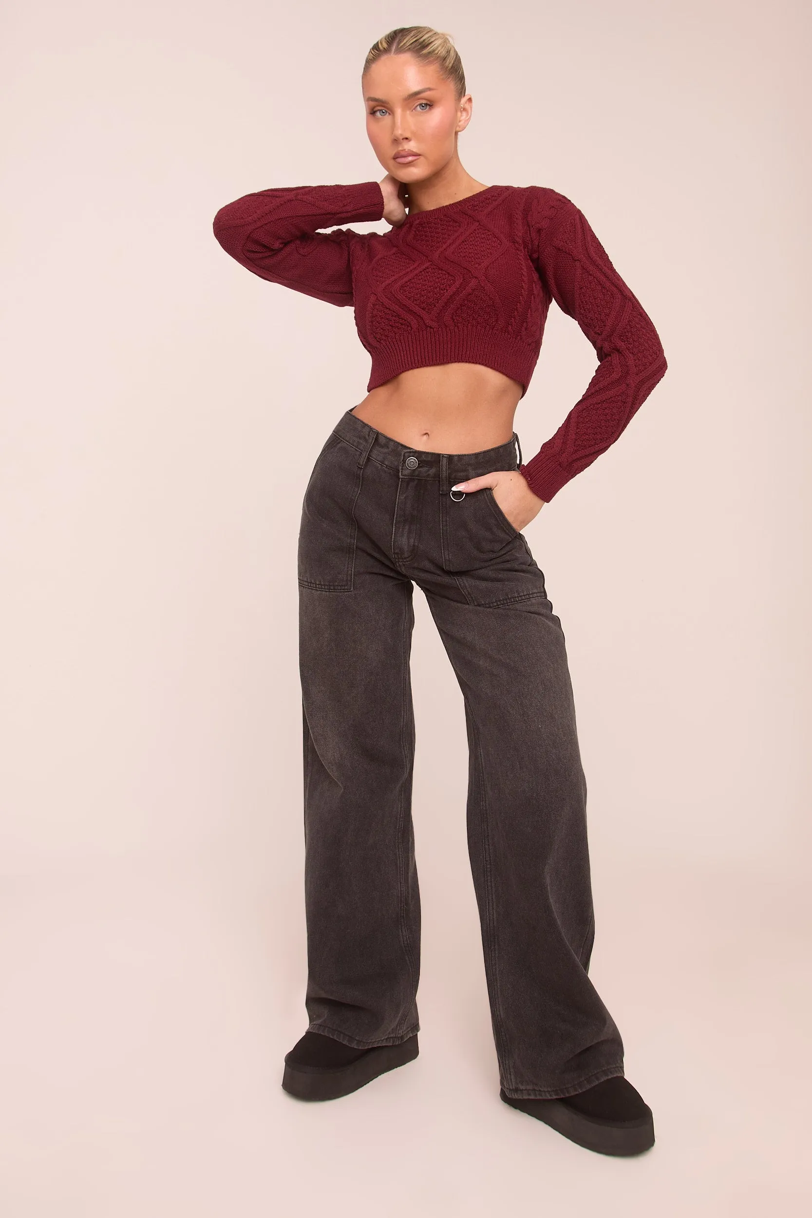 Burgundy Cable Chunky Long Sleeves Cropped Jumper - Justyna