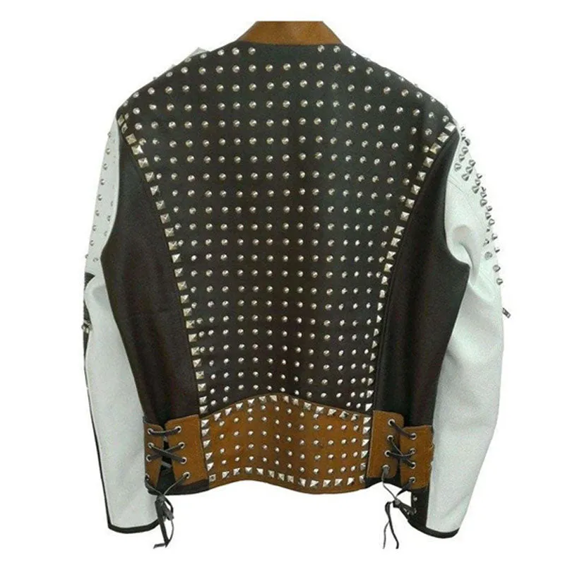 Buy Best Multi Color Full Studded Biker Leather Jacket with Adjustable Waist Belted Strap