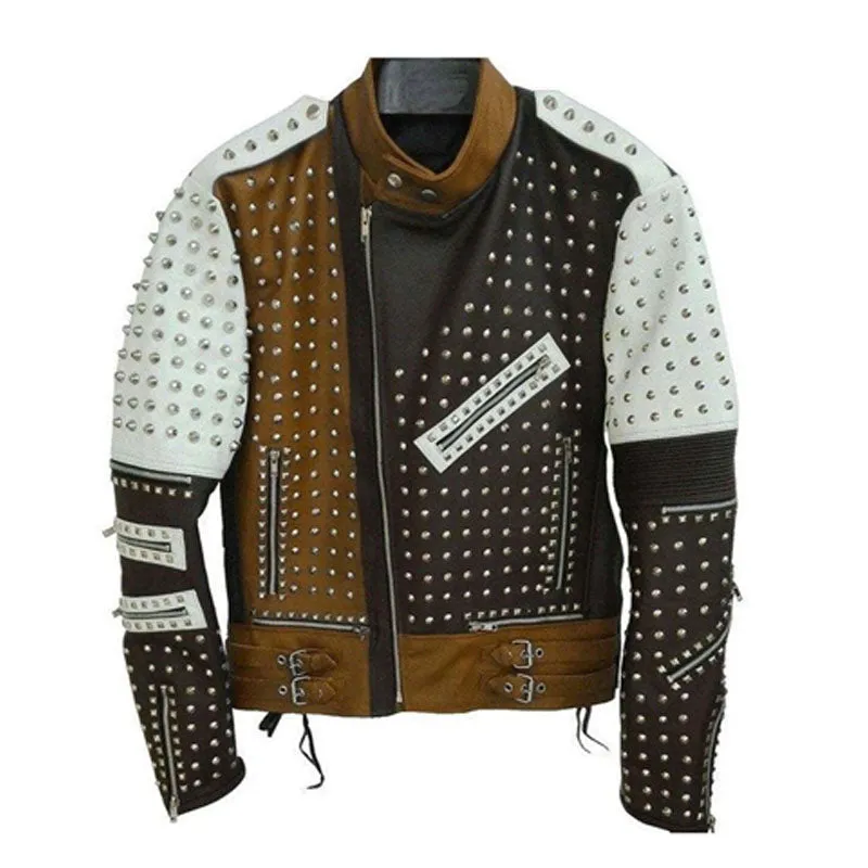 Buy Best Multi Color Full Studded Biker Leather Jacket with Adjustable Waist Belted Strap