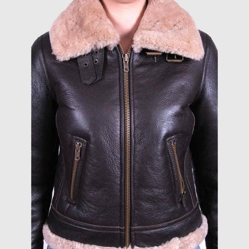 Buy Best Womens Black Merino Sheepskin Aviator Pilot Leather Jacket