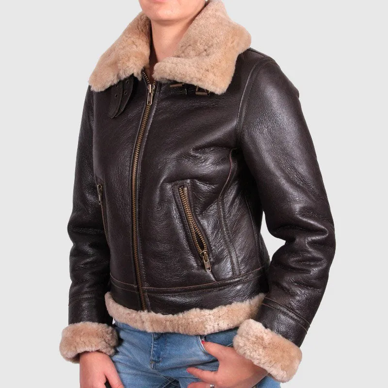 Buy Best Womens Black Merino Sheepskin Aviator Pilot Leather Jacket