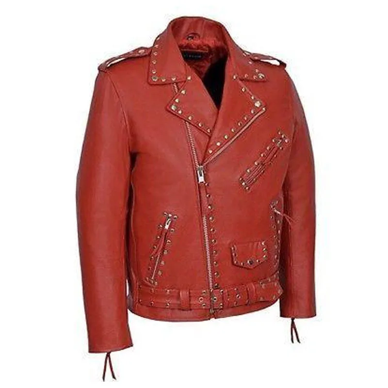 Buy Handmade Mens Style Studded Brando Red Magnificent Leather Jacket