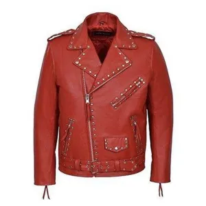 Buy Handmade Mens Style Studded Brando Red Magnificent Leather Jacket