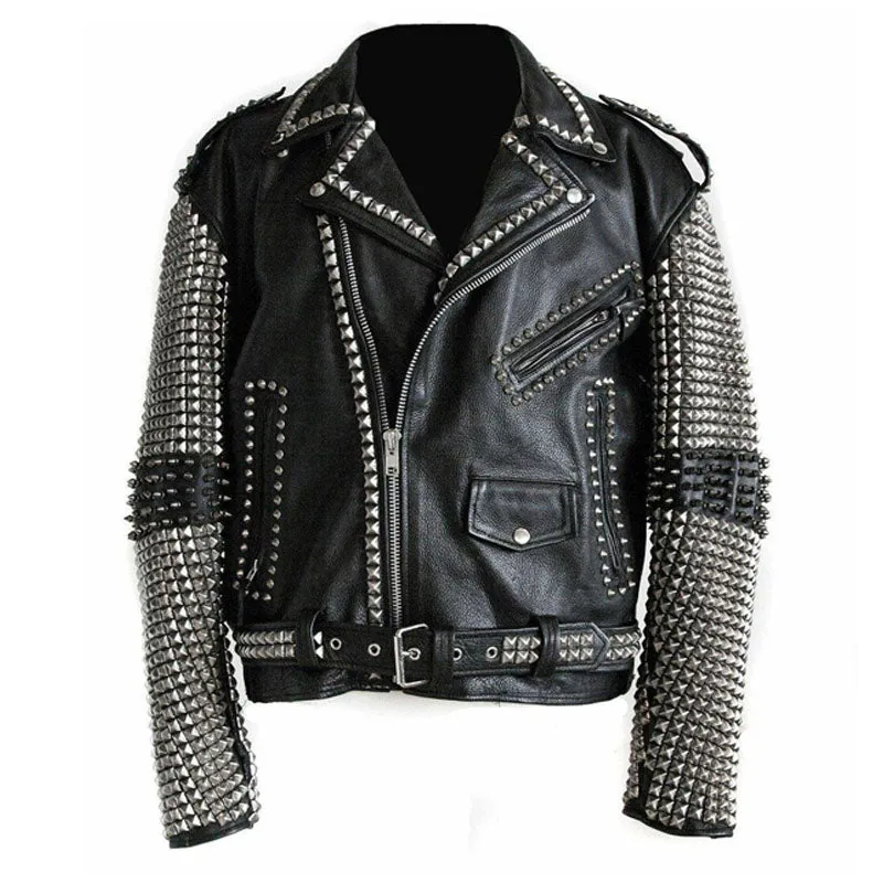 Buy New Fashion Men Black Punk Silver Spiked Studded Leather Jacket For Sale