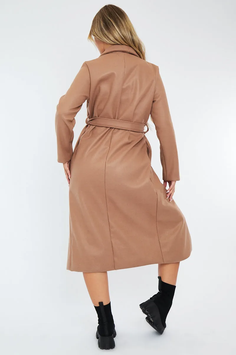 Camel Longline Button Up Belted Tailored Coat - Damiya