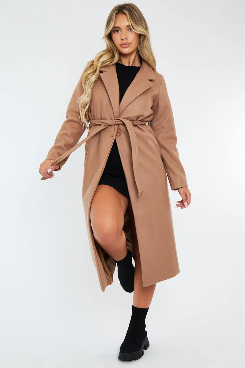 Camel Longline Button Up Belted Tailored Coat - Damiya