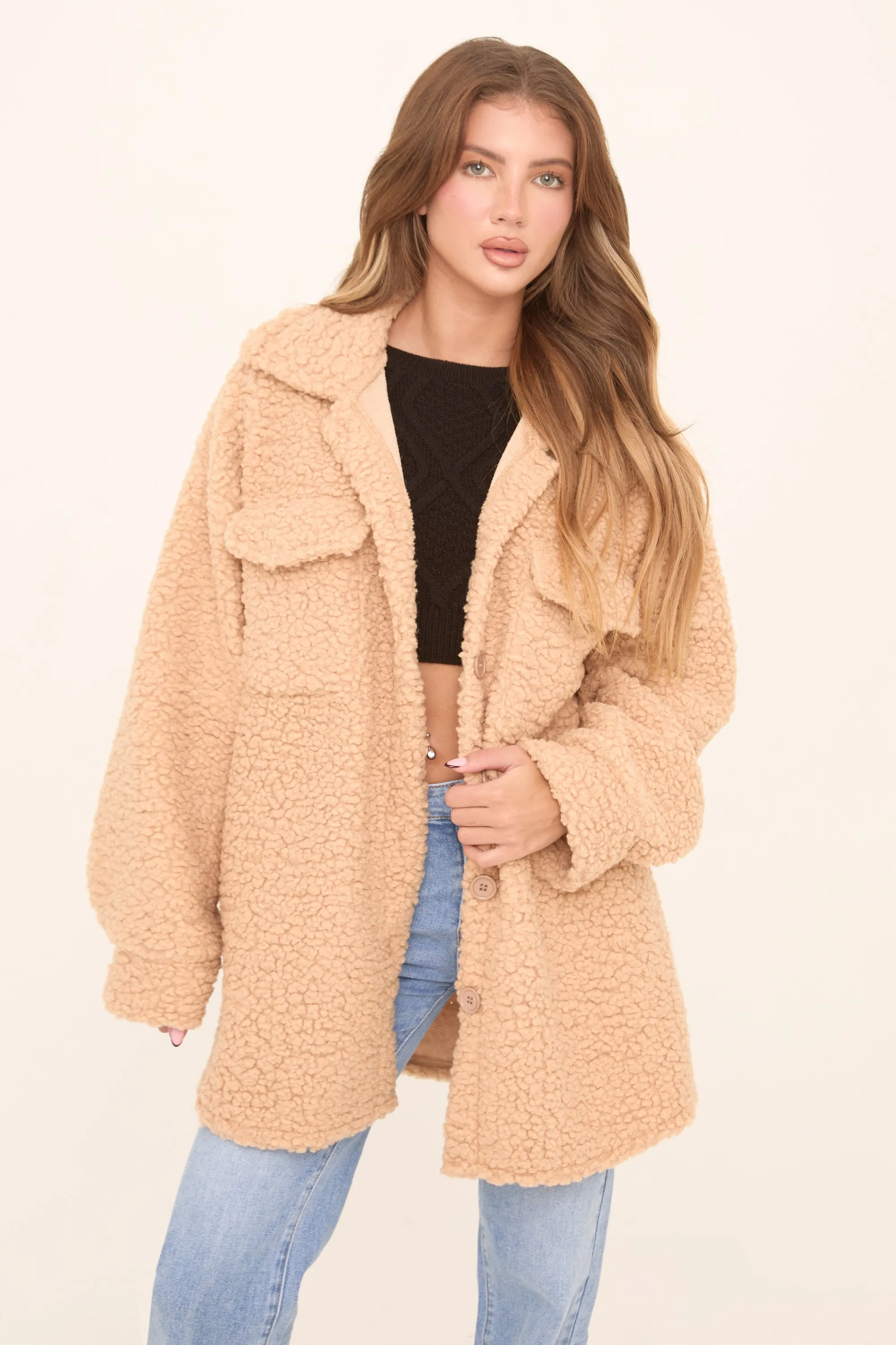 Camel Sherpa Oversized Longline Long Sleeves Shacket - Agnes