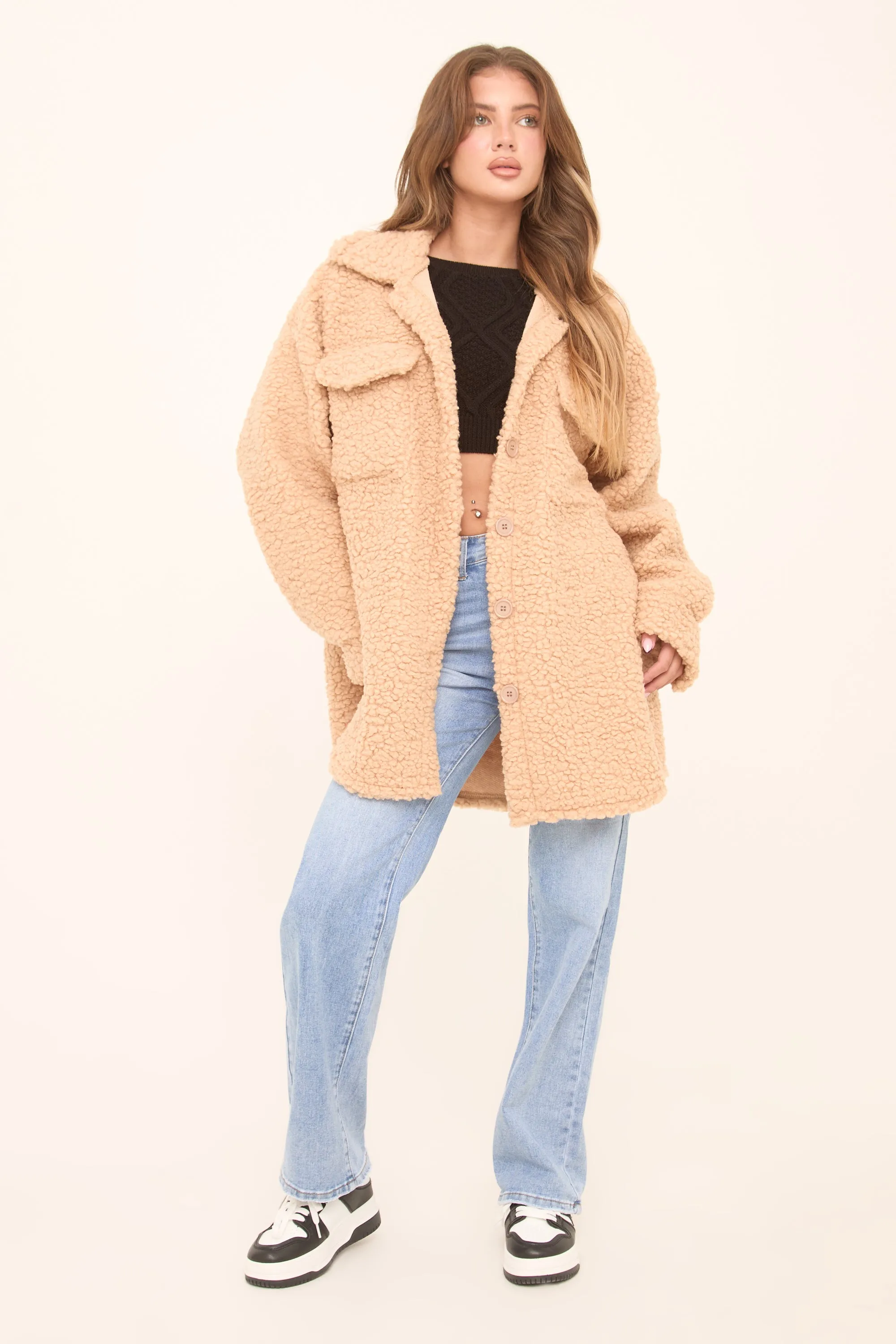 Camel Sherpa Oversized Longline Long Sleeves Shacket - Agnes