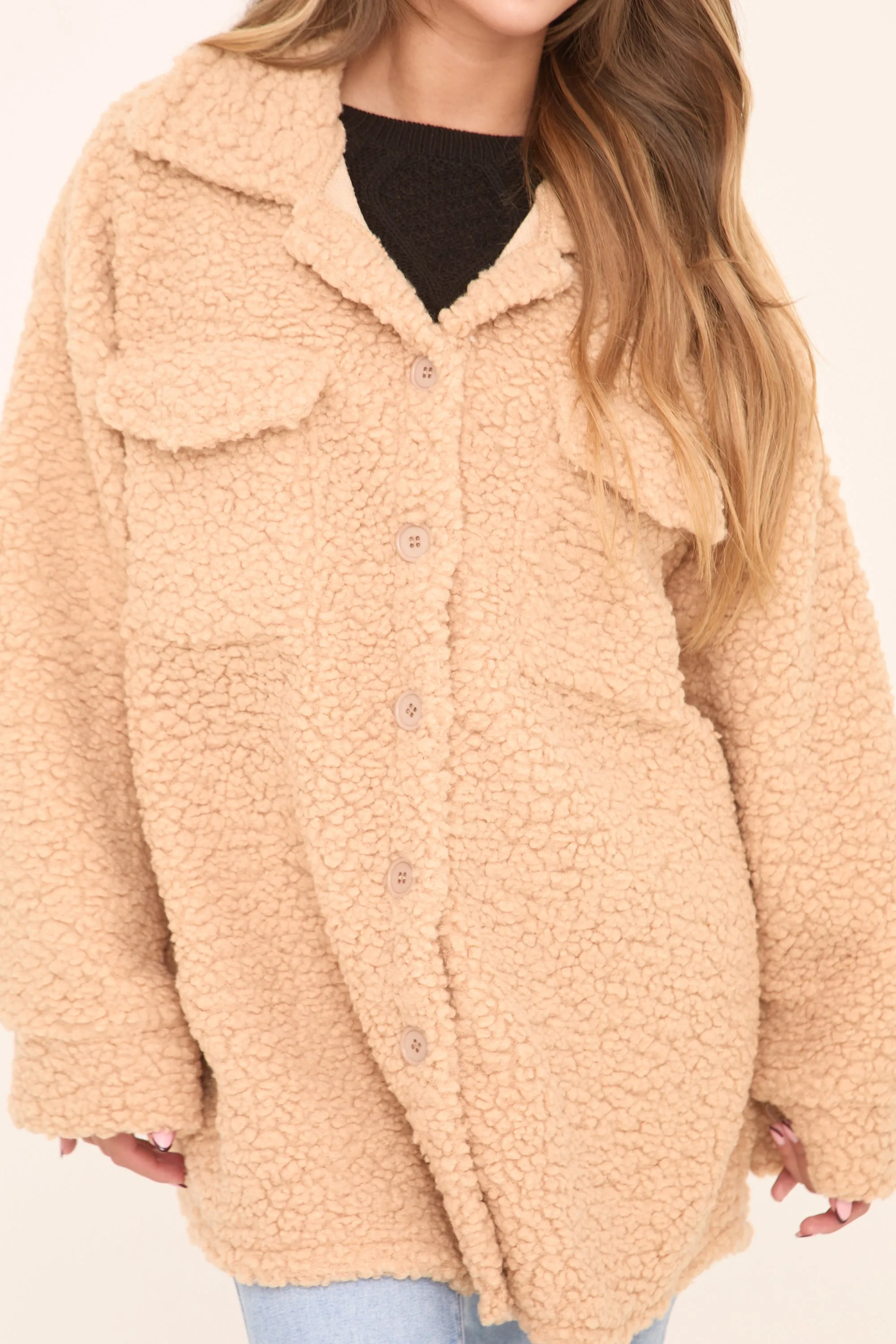 Camel Sherpa Oversized Longline Long Sleeves Shacket - Agnes