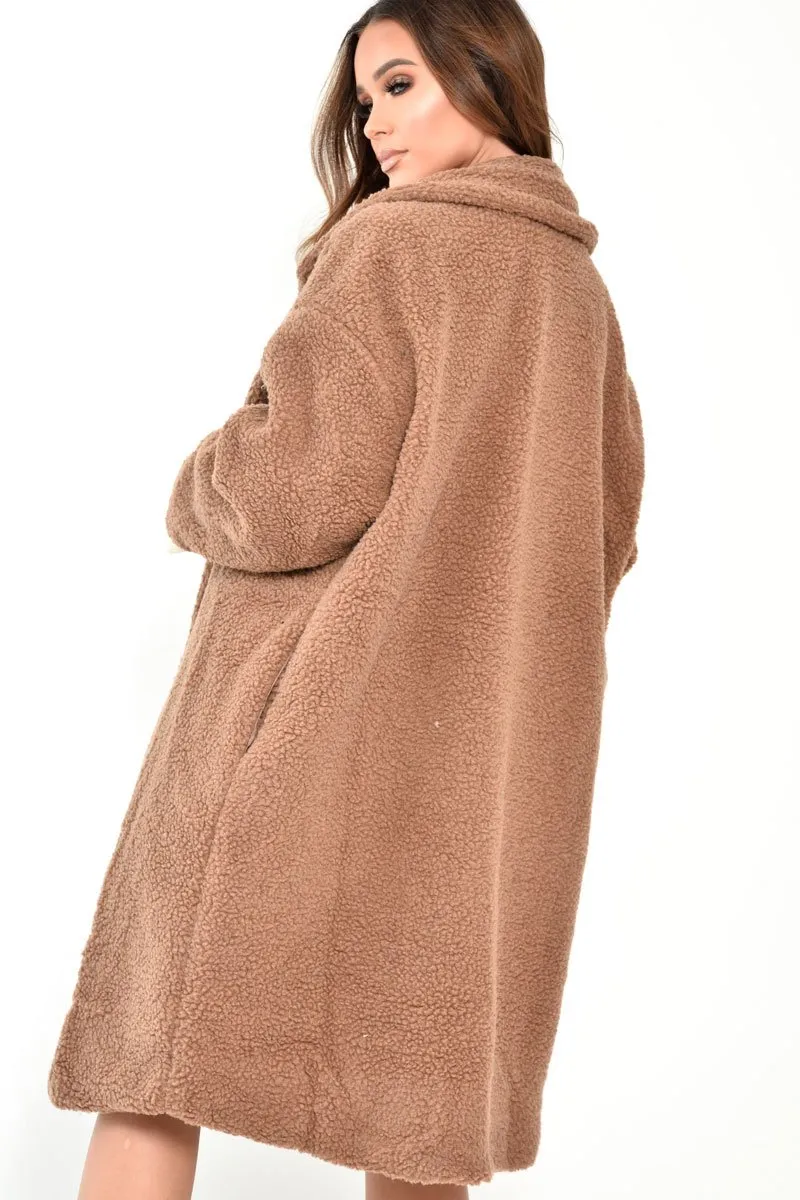 Camel Teddy Long Double Breasted Coat - Miriam