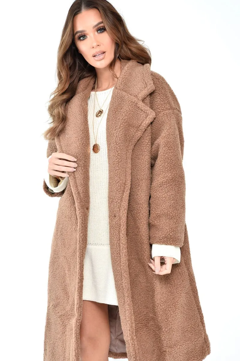 Camel Teddy Long Double Breasted Coat - Miriam