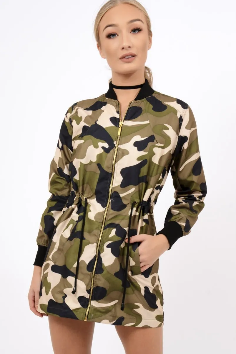 Camo Bomber Style Long Jacket - Brea