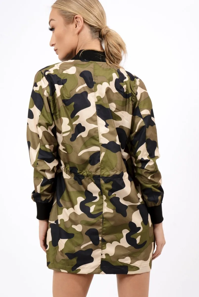 Camo Bomber Style Long Jacket - Brea